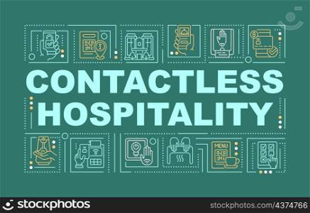 Contactless hospitality word concepts green banner. Infographics with linear icons on background. Isolated typography. Vector outline color illustration with text. Arial-Black font used. Contactless hospitality word concepts green banner