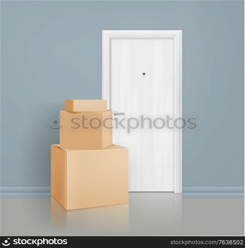 Contactless parcel delivery service realistic composition of post boxes piled in front of door vector illustration
