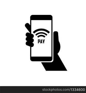 Contactless payment by phone using NFC. Hand holds the phone for payment by air icon symbol. Vector EPS 10