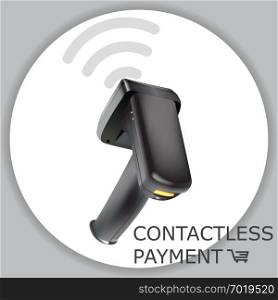 Contactless payment card scan. POS terminal, MSR, EMV, NFC reader. Laser barcode price smartphone scanner. Wireless payment. Vector illustration.