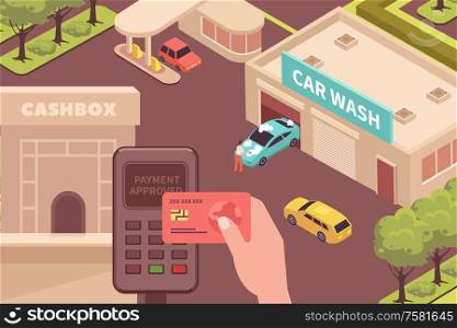 Contactless payment isometric composition of outdoor scenery with car wash building and credit card machine terminal vector illustration