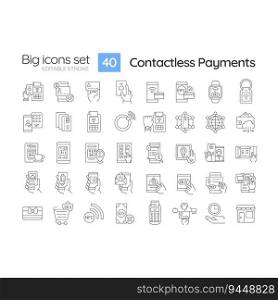 Contactless payment linear icons set. Debit card. Pay with phone Online banking. Pos terminal. Nfc technology. Customizable thin line symbols. Isolated vector outline illustrations. Editable stroke. Contactless payment linear icons set