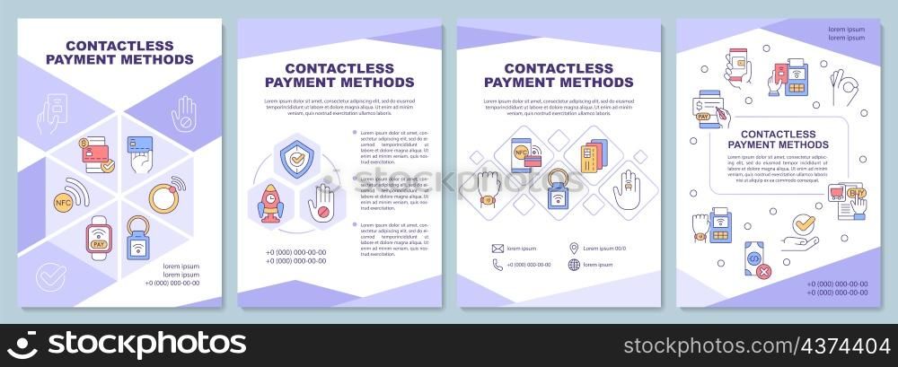Contactless payment method brochure template. Booklet print design with linear icons. Vector layouts for presentation, annual reports, ads. Arial-Black, Myriad Pro-Regular fonts used. Contactless payment method brochure template