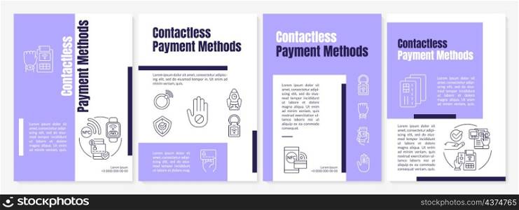 Contactless payment method purple brochure template. Booklet print design with linear icons. Vector layouts for presentation, annual reports, ads. Anton-Regular, Lato-Regular fonts used. Contactless payment method purple brochure template