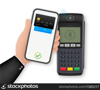 Contactless Payment Methods Mobile smart phone and wireless POS Terminal realistic style. Vector stock illustration.. Contactless Payment Methods Mobile smart phone and wireless POS Terminal realistic style. Vector stock illustration