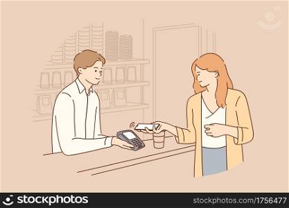 Contactless payment, online transaction concept. Young smiling woman cartoon character holding smartphone close to electronic payment machine while paying for food and drinks in cafe illustration . Contactless payment, online transaction concept