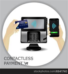 Contactless payment transaction terminal with display and pinpad. Wireless payment. POS terminal, MSR, EMV, NFC smartphone with pay button, hand holding credit card. Wi fi sign. Vector.
