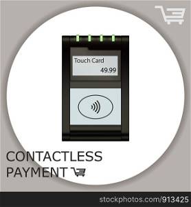 Contactless payment transaction touch card with display and pinpad. Wireless payment. POS terminal, MSR, EMV, NFC. Wi fi sign. Vector.