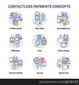 Contactless payments concept icons set. Smart service. Touchless system idea thin line color illustrations. Isolated outline drawings. Editable stroke. Roboto-Medium, Myriad Pro-Bold fonts used. Contactless payments concept icons set