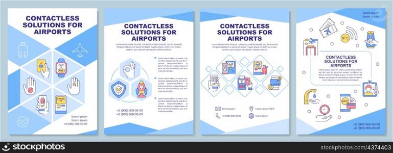 Contactless solution for airport brochure template. Booklet print design with linear icons. Vector layouts for presentation, annual reports, ads. Arial-Black, Myriad Pro-Regular fonts used. Contactless solution for airport brochure template