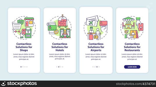 Contactless solution for public place onboarding mobile app screen. Service walkthrough 4 step graphic instructions pages with linear concept. UI, UX, GUI template. Myriad Pro-Bold, Regular fonts used. Contactless solution for public place onboarding mobile app screen