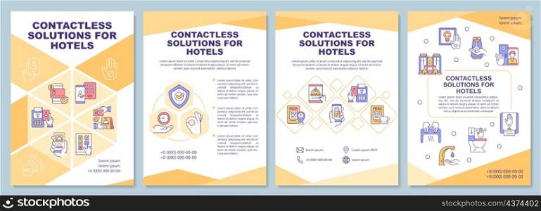 Contactless solutions for hotel brochure template. Booklet print design with linear icons. Vector layouts for presentation, annual reports, ads. Arial-Black, Myriad Pro-Regular fonts used. Contactless solutions for hotel brochure template