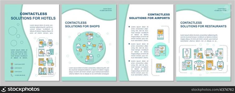 Contactless solutions for public place mint brochure template. Booklet print design with linear icons. Vector layouts for presentation, annual reports, ads. Arial, Myriad Pro-Regular fonts used. Contactless solutions for public place mint brochure template