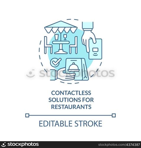 Contactless solutions for restaurant turquoise concept icon. Touchless system abstract idea thin line illustration. Isolated outline drawing. Editable stroke. Roboto-Medium, Myriad Pro-Bold fonts used. Contactless solutions for restaurant turquoise concept icon