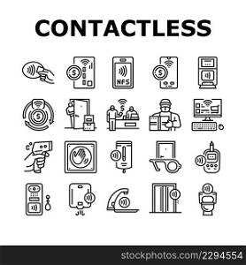 Contactless System Technology Icons Set Vector. Contactless Payment With Card And Smartphone Nfc At Pos Terminal, Faucet And Antiseptic Dispenser, Elevator And Toilet Line. Black Contour Illustrations. Contactless System Technology Icons Set Vector
