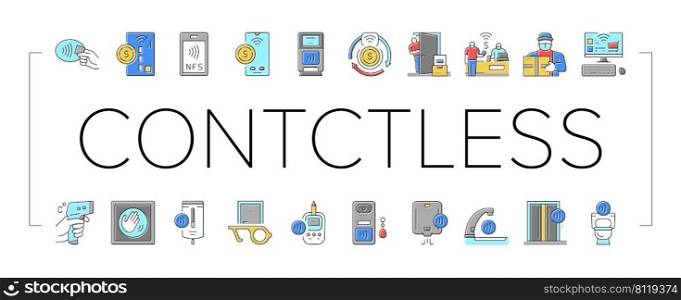 Contactless System Technology Icons Set Vector. Contactless Payment With Card And Smartphone Nfc At Pos Terminal, Faucet And Antiseptic Dispenser, Elevator And Toilet Line. Color Illustrations. Contactless System Technology Icons Set Vector