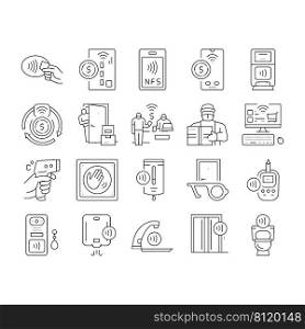 Contactless System Technology Icons Set Vector. Contactless Payment With Card And Smartphone Nfc At Pos Terminal, Faucet And Antiseptic Dispenser, Elevator And Toilet Line. Black Contour Illustrations. Contactless System Technology Icons Set Vector