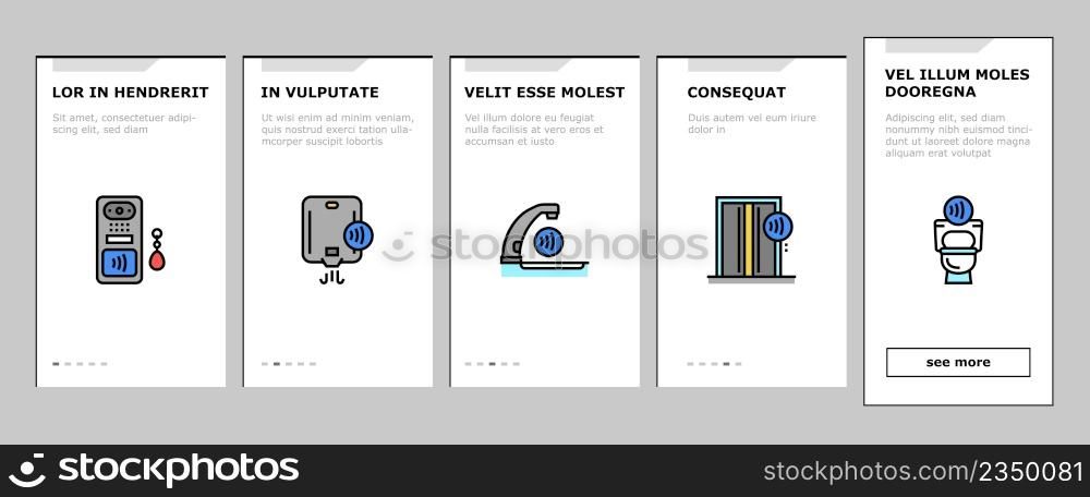 Contactless System Technology Onboarding Mobile App Page Screen Vector. Contactless Payment With Card And Smartphone Nfc At Pos Terminal, Faucet Antiseptic Dispenser, Elevator Toilet . Illustrations. Contactless System Technology Onboarding Icons Set Vector