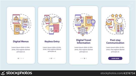 Contactless technology for hotels onboarding mobile app screen. Service walkthrough 4 steps graphic instructions pages with linear concepts. UI, UX, GUI template. Myriad Pro-Bold, Regular fonts used. Contactless technology for hotels onboarding mobile app screen