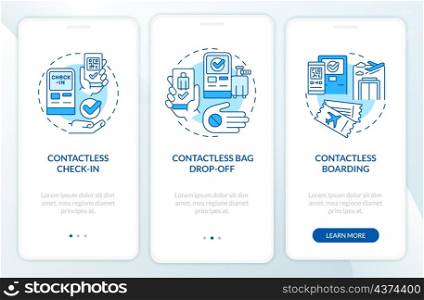 Contactless technology for travel blue onboarding mobile app screen. Walkthrough 3 steps graphic instructions pages with linear concepts. UI, UX, GUI template. Myriad Pro-Bold, Regular fonts used. Contactless technology for travel blue onboarding mobile app screen