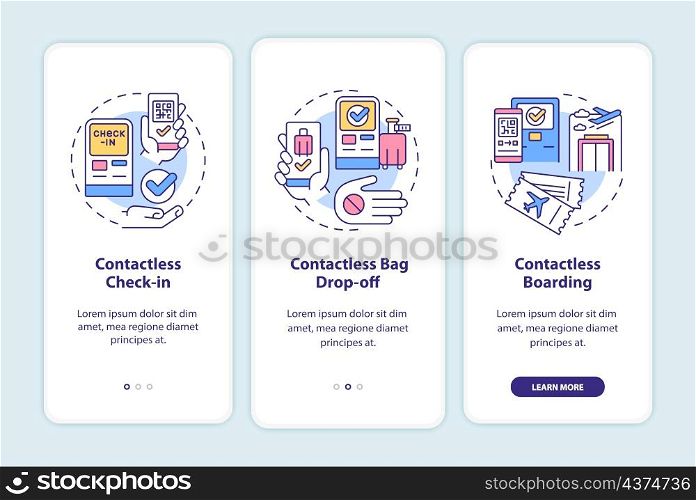 Contactless technology for travel onboarding mobile app screen. Service walkthrough 3 steps graphic instructions pages with linear concepts. UI, UX, GUI template. Myriad Pro-Bold, Regular fonts used. Contactless technology for travel onboarding mobile app screen