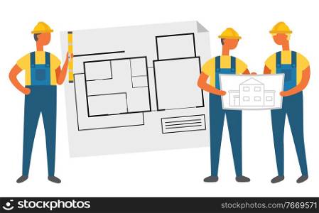 Contactors holding engineering project, man builder with ruler. Portrait view of repairs characters wearing helmet and work clothes, building plan vector. Building Project, Builder with House Plan Vector