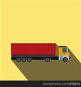 Container at the dock with truck flat icon on a yellow background. Container at the dock with truck flat