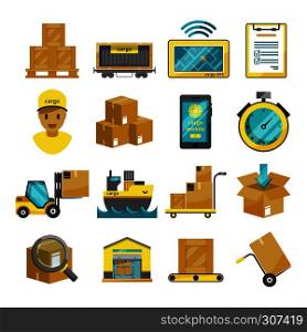 Container boxes, trucks, ships and other cargo icons. Vector illustrations. Box container for transportation, shipping package and export logistic. Container boxes, trucks, ships and other cargo icons. Vector illustrations