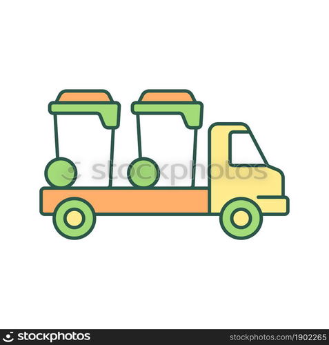 Container delivery vehicle RGB color icon. Bin lorry. Waste management service. Trash bin shipping. Garbage treatment and disposal. Isolated vector illustration. Simple filled line drawing. Container delivery vehicle RGB color icon