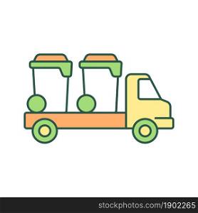 Container delivery vehicle RGB color icon. Bin lorry. Waste management service. Trash bin shipping. Garbage treatment and disposal. Isolated vector illustration. Simple filled line drawing. Container delivery vehicle RGB color icon