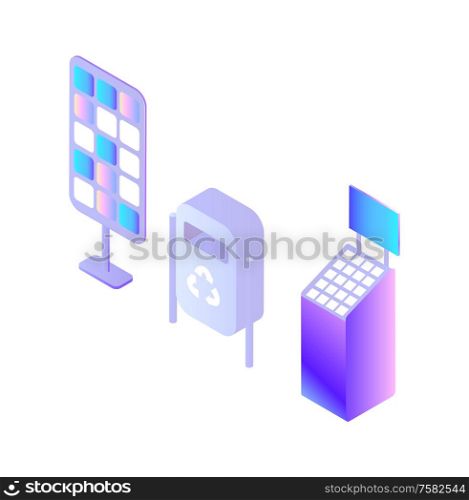 Container for garbage bin, electro charging station, digital devices set isolated icons set vector. Isometric 3d, disposal recycling, stand with touch screen and monitor. Container for Garbage Bin, Digital Devices Set