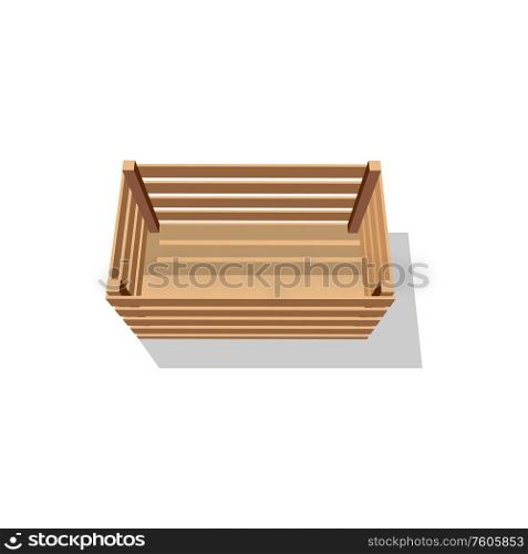 Container made of wooden planks isolated, top view of box. Vector empty wood crates. Wooden box or empty container isolated crate