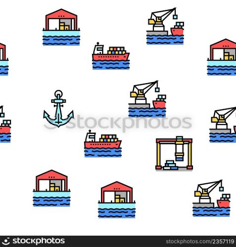 Container Port Tool Vector Seamless Pattern Thin Line Illustration. Container Port Tool Vector Seamless Pattern