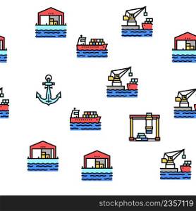 Container Port Tool Vector Seamless Pattern Thin Line Illustration. Container Port Tool Vector Seamless Pattern