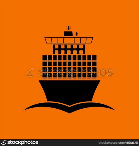 Container ship icon front view. Black on Orange background. Vector illustration.