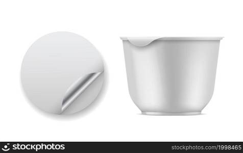 Container yogurt. White empty plastic packaging for dairy product. Round container with rolled foil. Top and side view closed box. Milk product, melted cheese, butter package vector realistic mockup. Container yogurt. White empty plastic packaging for dairy product. Round container with rolled foil. Top and side view closed box. Milk product, melted cheese package vector realistic mockup