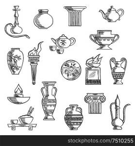 Containers and kitchenware icons in sketch style with ancient torch, stone fire bowls, amphora, copper and ceramic teapots, oil lamp, hookah pipe, tea services, vases, jug and plates. Various containers and kitchenware sketches