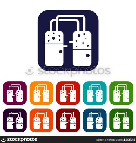 Containers connected with tubes icons set vector illustration in flat style In colors red, blue, green and other. Containers connected with tubes icons set flat