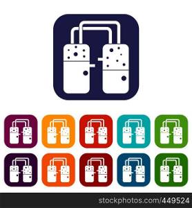 Containers connected with tubes icons set vector illustration in flat style In colors red, blue, green and other. Containers connected with tubes icons set flat