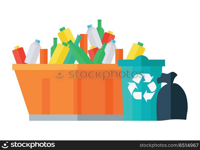 Containers for garbage vector illustration. Flat design. Huge street tank for waste full of glass and plastic bottles near bin with recycling sign and trash bag. Waste sorting and recycling concept.. Containers for Garbage Vector in Flat Design. . Containers for Garbage Vector in Flat Design.