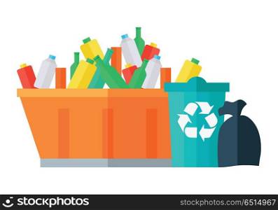 Containers for garbage vector illustration. Flat design. Huge street tank for waste full of glass and plastic bottles near bin with recycling sign and trash bag. Waste sorting and recycling concept.. Containers for Garbage Vector in Flat Design. . Containers for Garbage Vector in Flat Design.