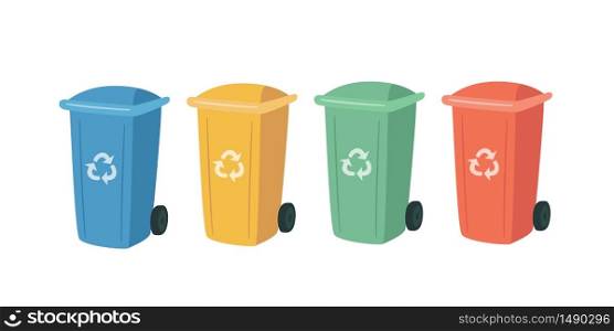 Containers for Recycling Waste Sorting. Garbage colorful cans for separate waste. Set of red, green, blue, yellow trash bins. Vector illustration on white background. Containers For Recycling Waste Sorting. Garbage colorful cans for separate waste.