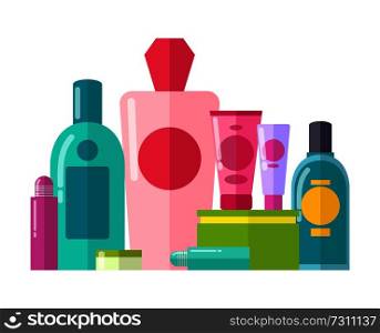 Containers made of plastic and tubes collection, poster with set of gels and essences, cosmetics vector illustration isolated on white background. Containers and Tubes Poster Vector Illustration