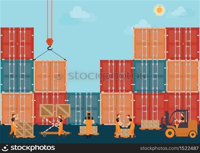Containers with crain and Workers working to Loading boxes,Transportation logistics , flat design conceptual vector illustration.