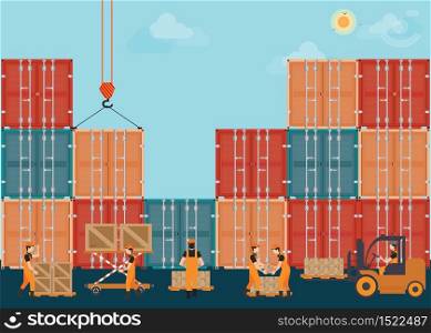 Containers with crain and Workers working to Loading boxes,Transportation logistics , flat design conceptual vector illustration.