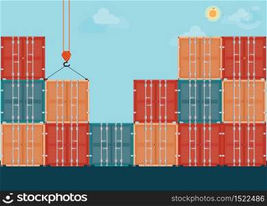 Containers with crane,Transportation logistics , flat design conceptual vector illustration.