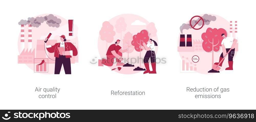 Containment of global warming abstract concept vector illustration set. Air quality control, reforestation, reduction of gas emissions, climate change, carbon footprint, woodland abstract metaphor.. Containment of global warming abstract concept vector illustrations.