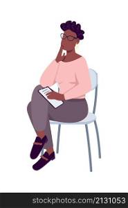 Contemplating woman sitting semi flat color vector character. Sitting figure. Full body person on white. Research isolated modern cartoon style illustration for graphic design and animation. Contemplating woman sitting semi flat color vector character
