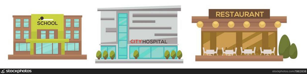 Contemporary architecture and infrastructure design of city, modern buildings of hospital and shop, restaurant or cafe. Downtown or residential district in metropolis or town. Vector in flat style. Modern city architecture and infrastructure design