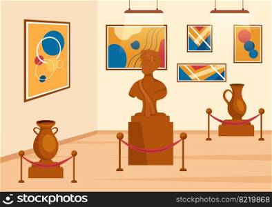 Contemporary Art Abstract Sculptures of Performance Standing in Exposition Hall or Museum on Flat Cartoon Hand Drawn Templates Illustration